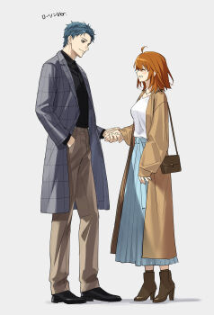 1boy 1girl alternate_costume bag black_shirt black_shoes blue_hair blue_skirt blush boots brown_bag brown_coat brown_eyes brown_pants brown_shoes checkered_coat closed_eyes closed_mouth coat collared_shirt facing_another fate/grand_order fate_(series) from_side fujimaru_ritsuka_(female) full_body hand_in_pocket handbag high_heel_boots high_heels highres holding_hands jewelry lapels light_smile long_sleeves looking_at_another looking_down medium_hair necklace notched_lapels open_mouth pants pleated_skirt saitou_hajime_(fate) shadow shippaiderman shirt shoes short_hair skirt smile white_shirt