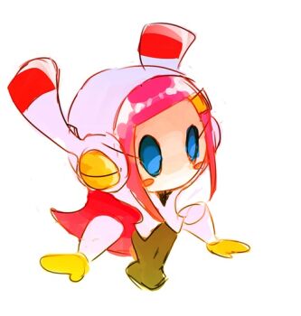 1girl 2016 black_skirt blue_eyes blush_stickers closed_eyes commentary double_v female_focus floating gameplay_mechanics gloves hair_ornament hairclip kirby:_planet_robobot kirby_(series) long_hair lowres nintendo one_eye_closed pink_hair rabbit_ears rayman_limbs robot sidelocks simple_background skirt susie_(kirby) v wa_heppu white_background wide_hips wink yellow_gloves