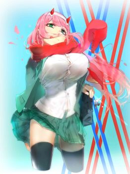 1girl absurdres aqua_background bag black_thighhighs breasts button_gap commentary cropped_legs darling_in_the_franxx green_eyes green_jacket green_skirt highres horns jacket large_breasts long_hair open_clothes open_jacket pink_hair pleated_skirt red_horns red_scarf scarf school_bag school_uniform skirt solo thighhighs xiaoyu zero_two_(darling_in_the_franxx)