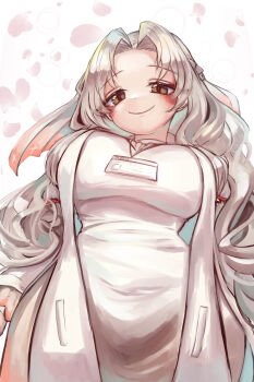 1girl absurdres badge braid breasts brown_eyes commentary curtained_hair dress grey_hair half_up_braid highres jiai_chiyu kimi_no_koto_ga_dai_dai_dai_dai_daisuki_na_100-nin_no_kanojo lab_coat lanyard lapi-p large_breasts long_hair looking_at_viewer simple_background smile solo veil wavy_hair white_background white_dress