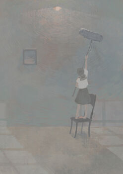 1girl absurdres arm_up bangqiao_yan black_hair black_skirt ceiling_light chair highres holding holding_mop mop muted_color original photo_(object) pigeon-toed shirt short_hair skirt standing white_shirt window_light