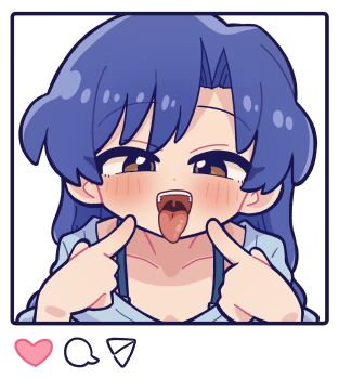 1girl blue_hair blush brown_eyes fake_screenshot fingers_to_cheeks fis_(t83192933) hands_up heart highres idolmaster idolmaster_(classic) kisaragi_chihaya long_hair looking_at_viewer open_mouth sexually_suggestive shirt solo teeth tongue tongue_out upper_teeth_only uvula