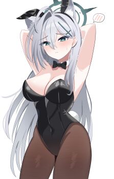 1girl absurdres animal_ear_fluff animal_ear_hairband animal_ears arms_behind_head black_bow black_bowtie black_leotard black_pantyhose blue_archive blue_eyes bow bowtie breasts broken_halo cleavage commentary_request cross_hair_ornament detached_collar extra_ears fake_animal_ears grey_hair grey_halo hair_ornament hairband halo highleg highleg_leotard highres kurenaiaoi0 large_breasts leotard mismatched_pupils pantyhose playboy_bunny rabbit_ears rabbit_tail shiroko_terror_(blue_archive) solo strapless strapless_leotard tail wolf_ears wolf_girl