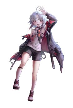 1boy absurdres ahoge arm_up azulasi black_jacket black_shorts braid commentary grey_hair highres jacket long_hair long_sleeves looking_at_viewer male_focus off_shoulder open_clothes open_jacket puffy_long_sleeves puffy_sleeves shirt shoes short_shorts shorts side_braid simple_background single_braid sleeveless sleeveless_shirt sneakers socks solo tachi-e transparent_background trap white_shirt white_socks zero_(zeroera) zeroera