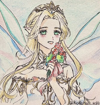 1girl bare_shoulders blonde_hair blue_sky blue_wings braid collar commentary_request day detached_collar detached_sleeves dress eyelashes fairy fairy_wings flower forehead frilled_sleeves frills gold_tiara green_eyes green_flower grin half_up_braid happy holding holding_flower juliet_sleeves kohanai_setsuna lace lace-trimmed_dress lace-trimmed_sleeves lace_trim light_blush lipstick long_hair long_sleeves makeup nikki_(series) ophelia_(shining_nikki) outdoors pink_flower pink_lips pointy_ears puffy_sleeves shining_nikki sky smile solo strapless strapless_dress traditional_media twitter_username upper_body very_long_hair white_collar white_dress wings
