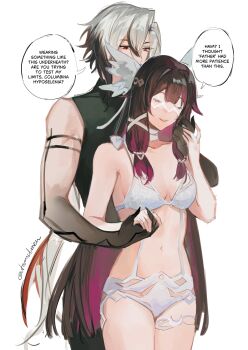 2girls absurdres arlecchino_(genshin_impact) black_hair black_pants black_shirt bra breasts closed_eyes columbina_(genshin_impact) english_text eye_mask genshin_impact hashtag-only_commentary head_wings highres holding_hands long_hair mask multicolored_hair multiple_girls muscular muscular_female navel panties pants purple_hair shirt simple_background sleeveless sleeveless_shirt small_breasts smile speech_bubble stomach thighs tomodurien two-tone_hair underwear very_long_hair white_background white_bra white_hair white_panties white_wings wings yuri