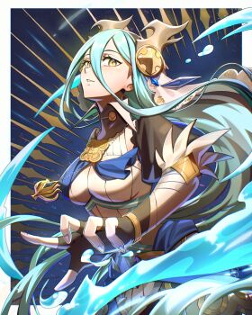 1girl absurdres azura_(fire_emblem) azura_(song's_reflection)_(fire_emblem) bikini_boody black_gloves blue_hair breasts commentary dress english_commentary fake_horns fingerless_gloves fire_emblem fire_emblem_fates fire_emblem_heroes gloves hair_between_eyes hairband highres horned_headwear horns long_hair long_sleeves looking_at_viewer medium_breasts nintendo official_alternate_costume parted_lips revision solo veil very_long_hair water white_dress yellow_eyes