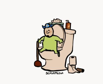 animated animated_gif artist_name beard bergameow blinking blue_helmet blush_stickers closed_mouth commentary drink_carton drinking_straw explosion explosion_gag facial_hair fake_horns falling flag_print green_pants green_shirt helmet horned_helmet horns juice_box no_humans on_toilet pants plunger shirt simple_background smile swedish_flag swedish_flag_print symbol-only_commentary tissue_box toilet toilet_paper toilet_paper_tube vargfren vinesauce white_background