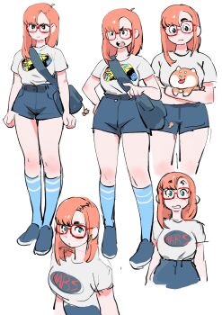 1girl :t absurdres blue_eyes breasts closed_mouth colo_(nagrolaz) commentary english_commentary freckles frown full_body glasses highres large_breasts looking_at_viewer medium_hair open_mouth orange_hair original red-framed_eyewear reference_sheet rita_(sweethex) shirt sweethex teeth