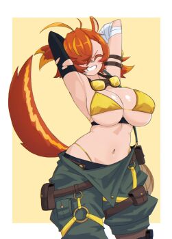 1girl absurdres ahoge animal_ears arms_behind_head bandaged_arm bandages bikini black_gloves blush breasts character_request closed_eyes copyright_request cowboy_shot doce elbow_gloves female_focus gloves goggles goggles_around_neck green_shorts grin hair_over_one_eye highres large_breasts navel no_shirt orange_hair shorts single_glove skindentation smile solo squirrel_ears squirrel_girl squirrel_tail swimsuit tail torn_clothes torn_gloves yellow_background yellow_bikini