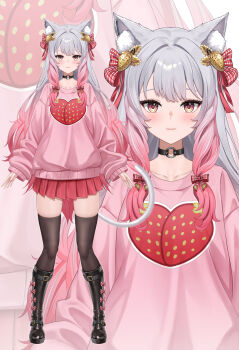 1girl animal_ear_fluff animal_ears black_boots black_choker boots brown_eyes brown_thighhighs choker closed_mouth collarbone commentary copyright_request english_commentary food-themed_hair_ornament food_print fruit_print gradient_hair grey_hair hair_intakes hair_ornament highres long_hair long_sleeves lunacle multicolored_hair o-ring o-ring_choker pink_hair pink_sweater pleated_skirt puffy_long_sleeves puffy_sleeves red_skirt skirt sleeves_past_wrists solo standing strawberry_hair_ornament strawberry_print sweater tail thighhighs thighhighs_under_boots very_long_hair virtual_youtuber zoom_layer