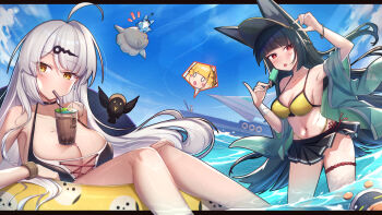 animal_ears armpits bare_shoulders bikini black_bikini black_hair black_skirt blonde_hair blunt_bangs blush boat breasts bubble_tea_challenge food fox_ears fox_girl green_jacket grey_hair highres holding holding_food holding_popsicle hoshimi_miyabi jacket ju_fufu large_breasts long_hair medium_breasts navel ocean popsicle red_eyes skirt soukaku_(zenless_zone_zero) stomach swim_ring swimsuit thigh_strap tiger_ears tiger_girl uneg visor_cap watercraft yellow_bikini yellow_eyes yixuan_(zenless_zone_zero) zenless_zone_zero