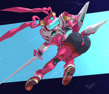 android armor ass bikini black_skin breasts cameltoe colored_skin fei-yen from_side heart heart-shaped_hair holding holding_sword holding_weapon looking_back medium_breasts micro_bikini pauldrons pink_hair pochincoff pointy_breasts red_bikini robot shoes shoulder_armor swimsuit sword twintails virtual_on visor weapon