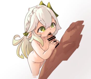 1boy 1girl age_difference bar_censor bare_arms censored completely_nude cross-shaped_pupils curly_hair dark-skinned_male dark_skin fellatio flat_chest from_above genshin_impact gradient_background green_eyes green_hair hair_between_eyes hands_up hetero highres imminent_fellatio interracial kanbaki loli long_hair looking_at_another looking_up multicolored_hair nahida_(genshin_impact) navel nude open_mouth oral penis penis_grab pointy_ears simple_background standing_fellatio symbol-shaped_pupils two-tone_hair white_background white_hair