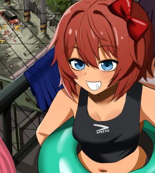 2girls asphyxiation black_tank_top blue_eyes bow breasts bridge brown_hair car cleavage commentary crop_top doki_doki_literature_club drowning english_commentary flood grin hair_bow hair_intakes highres innertube medium_breasts medium_hair monika_(doki_doki_literature_club) motor_vehicle multiple_girls mykokampfwagen ponytail railing red_bow sayori_(doki_doki_literature_club) smile solid_oval_eyes speedo_(company) swim_ring tank_top upper_body