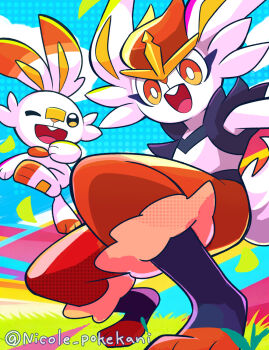 Rule 34 | bright pupils, cinderace, commentary request, evolutionary line, gen 8 pokemon, highres, nikoru, nintendo, one eye closed, open mouth, orange eyes, pokemon, pokemon (creature), pokemon focus, scorbunny, smile, teeth, twitter username, upper teeth only, white pupils