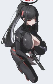1girl absurdres black_bodysuit black_hair black_halo blue_archive blunt_bangs bodysuit breasts bright_pupils commentary_request gun halo handgun highres holding holding_gun holding_weapon impossible_bodysuit impossible_clothes large_breasts latex latex_bodysuit long_hair looking_at_viewer megu_(jim48834420) multicolored_halo official_alternate_costume official_alternate_hairstyle open_bodysuit open_clothes red_eyes ringed_eyes rio_(armed)_(blue_archive) rio_(blue_archive) simple_background skin_tight solo tongue tongue_out two-tone_halo very_long_hair weapon white_background white_pupils