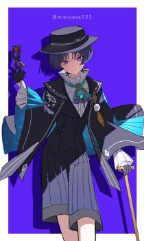 Rule 34 | 1boy, arm at side, ascot, black cloak, black gloves, black hair, black hat, black mask, black shorts, black vest, blue ascot, blue gemstone, blunt ends, boater hat, border, brooch, cat mask, chain, cloak, closed mouth, domino mask, dress shirt, drop shadow, eye mask, eyeliner, eyeshadow, feathers, formal clothes, frilled shirt collar, frilled sleeves, frills, gem, genshin impact, gloves, gold chain, half gloves, hand up, hat, highres, holding, holding mask, jewelry, lapels, layered ascot, long sleeves, looking at viewer, makeup, male focus, mask, miaoyeza233, official alternate costume, pom pom (clothes), purple ascot, purple background, purple eyes, red eyeliner, red eyeshadow, scaramouche (genshin impact), shirt, shorts, smile, solo, split mouth, tsurime, twitter username, undershirt, vest, wanderer (genshin fes 2026) (genshin impact), wanderer (genshin impact), white border, white shirt, white sleeves, white trim, wispy bangs, yellow feathers