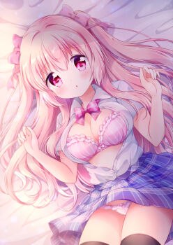 1girl :o black_thighhighs blue_skirt blush bow bow_bra bow_panties bra breasts buttons chiika_(cure_cherish) cleavage collared_shirt cowboy_shot hair_between_eyes hair_ribbon hands_up large_breasts long_hair looking_at_viewer lying matching_underwear on_back open_clothes open_shirt original panties parted_lips pink_bow pink_bra pink_eyes pink_hair pink_panties pink_ribbon pleated_skirt ribbon shirt short_sleeves skirt solo striped_bra striped_clothes striped_panties striped_skirt thighhighs underwear uniform vertical-striped_bra vertical-striped_clothes vertical-striped_panties white_shirt