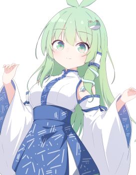 1girl absurdres antenna_hair bare_shoulders blue_skirt blush breasts closed_mouth darumoon detached_sleeves dot_nose double-parted_bangs fingernails frog_hair_ornament green_eyes green_hair hair_ornament hair_tubes high-waist_skirt highres kochiya_sanae long_hair long_sleeves looking_at_viewer medium_breasts nail_polish patterned_clothing print_skirt shirt simple_background single_hair_tube single_sidelock skirt skirt_set sleeve_bow sleeveless sleeveless_shirt snake_hair_ornament solo touhou upper_body white_background wide_sleeves