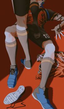 2boys arm_tattoo bastard_munchen_soccer_uniform blonde_hair blue_eyes blue_hair blue_lock blue_tattoo flower_tattoo highres isagi_yoichi kneehighs lying majiko00 male_focus michael_kaiser multicolored_hair multiple_boys neck_tattoo on_back on_floor soccer_uniform socks sportswear standing tattoo two-tone_hair yaoi