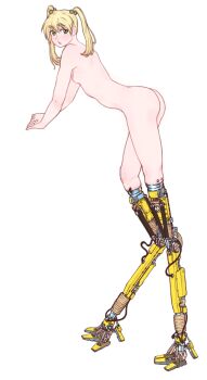 10tile 1girl absurdres ass bare_arms bent_over blonde_hair breasts commentary completely_nude english_commentary full_body green_eyes highres ibarazaki_emi joints katawa_shoujo looking_at_viewer mechanical_legs nipples nude one-piece_swimsuit open_mouth prosthesis prosthetic_leg reverse-jointed_legs robot_joints simple_background small_breasts solo standing swimsuit twintails white_background