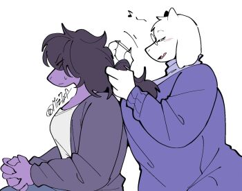 2girls animal_ears blush claws colored_skin deltarune dress furry furry_female glasses goat_ears goat_horns hair_tie horns miz7xf multiple_girls musical_note own_hands_together purple_skin simple_background sitting susie_(deltarune) sweatdrop toriel turtleneck turtleneck_dress tying_another's_hair utdr_(toby_fox)