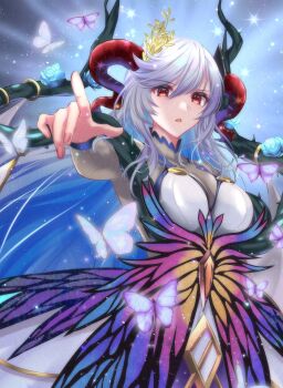 Rule 34 | 1girl, absurdres, breasts, bug, butterfly, cleavage, commentary request, curled horns, dress, fire emblem, fire emblem heroes, flower, freyja (fire emblem), goat horns, grey hair, highres, horns, insect, kakiko210, large breasts, long hair, long sleeves, looking at viewer, multicolored hair, nintendo, parted lips, plant, pointing, pointing at viewer, red eyes, red horns, solo, vines, white dress