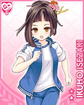 1girl :o blue_pants brown_eyes brown_hair card_(medium) character_name flower girlfriend_(kari) gym_uniform hair_flower hair_ornament isezaki_ikuho jacket kanzashi official_art pants pink_background qp:flapper shirt sleeves_rolled_up solo track_jacket white_shirt