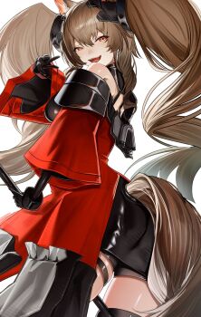 Rule 34 | 1girl, :d, absurdres, angelina (arknights), animal ear fluff, animal ears, aoi wakashi chiyo, arknights, arknights: endfield, bare shoulders, black dress, black gloves, black thighhighs, breasts, brown hair, clothing cutout, coat, commentary request, dot nose, dress, elbow gloves, fox ears, fox girl, fox tail, from behind, gilberta (arknights), gloves, headpiece, highres, holding, holding staff, impossible clothes, impossible dress, long hair, long sleeves, looking at viewer, medium breasts, off shoulder, open clothes, open coat, open mouth, orange eyes, red coat, shorts under dress, simple background, skindentation, smile, solo, staff, tail, tail through clothes, thigh strap, thighhighs, twintails, very long hair, w, white background, wide sleeves, zettai ryouiki