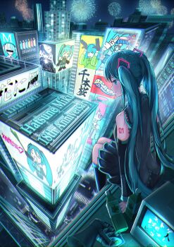 1girl absurdres anniversary bare_shoulders black_skirt black_sleeves black_thighhighs blessing_(vocaloid) blue_eyes blue_hair building card character_name city city_lights cityscape commentary crosswalk detached_sleeves drink english_text facing_away feet_out_of_frame fireworks food grey_shirt hachune_miku hair_ornament hana_ni_kaze_(vocaloid) happy_anniversary hatsune_miku high_up highres holding holding_food holding_spring_onion holding_vegetable ievan_polkka_(vocaloid) kasane_teto koi_wa_sensou_(vocaloid) legs_together light_smile long_hair looking_down mamu_illust matryoshka_(vocaloid) megaphone mesmerizer_(vocaloid) mimukauwa_nice_try_(vocaloid) musunde_hiraite_rasetsu_to_mukuro_(vocaloid) neon_lights neon_sign netoge_haijin_sprechchor_(vocaloid) night night_sky number_tattoo on_roof on_rooftop outdoors pleated_skirt poppippoo_(vocaloid) profile road rolling_girl_(vocaloid) rooftop senbonzakura_(vocaloid) shirt sitting sitting_on_roof skirt sky solo_focus song_name songover spring_onion street tattoo thighhighs tokumei_m_(vocaloid) twintails uno_(game) vampire_(vocaloid) vegetable very_long_hair vocaloid
