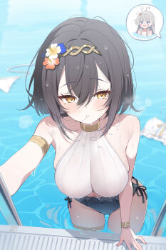 2girls amber_(stella_sora) armlet black_hair blue_one-piece_swimsuit breasts casual_one-piece_swimsuit cleavage commentary cross-laced_clothes cross-laced_one-piece_swimsuit crossed_bangs deyui double-parted_bangs female_tyrant_(stella_sora) flower hair_flower hair_in_own_mouth hair_ornament highres jewelry large_breasts looking_at_viewer multiple_girls one-piece_swimsuit parted_lips pool reaching reaching_towards_viewer short_hair side-tie_one-piece_swimsuit solo_focus stella_sora swimsuit thighlet tyrant_(stella_sora) wading wet white_one-piece_swimsuit yellow_eyes