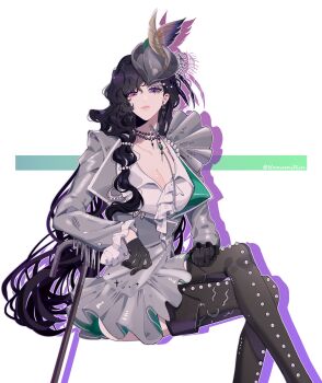 1girl armrest black_boots black_gloves boots breasts cane cleavage crossed_legs dress gloves hat hat_feather highres isolde_(and_all_that_jazz)_(reverse:1999) isolde_(reverse:1999) knees_up long_hair looking_at_viewer nanamirin5 reverse:1999 simple_background sitting solo thighhighs very_long_hair white_background
