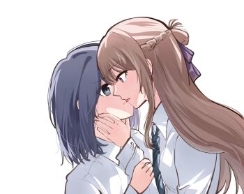 2girls bad_id bad_twitter_id blue_hair blue_necktie braid brown_hair earrings eye_contact half_up_braid highres jewelry licking licking_another&#039;s_face licking_another&#039;s_lips long_hair looking_at_another medium_hair mim120809 miyagi_shiori multiple_girls necktie purple_eyes sendai_hazuki shirt shuuniichido_classmate_wo_kau_hanashi sidelocks simple_background white_background white_shirt yuri