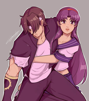 1boy 1girl asamiya_athena black_jacket brown_hair carrying carrying_person charlyarts hair_ornament highres hurt idol injury jacket kusanagi_kyou pachinko psycho_soldier purple_hair school_uniform snk star_(symbol) star_hair_ornament the_king_of_fighters the_king_of_fighters_&#039;96 worried