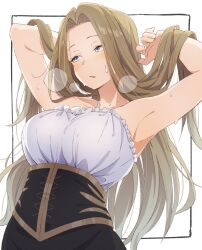 Rule 34 | 1girl, armpits, arms up, black corset, black skirt, blonde hair, breasts, chestnut mouth, corset, cross-laced clothes, cross-laced top, eitopondo, hands in hair, large breasts, long hair, looking to the side, methode (sousou no frieren), parted hair, purple eyes, shirt, skirt, sleeveless, sleeveless shirt, solo, sousou no frieren, steaming body, sweat, upper body, very long hair, white background, white shirt