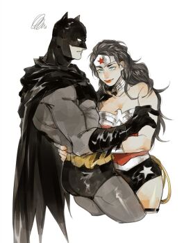1boy 1girl bare_shoulders batman black_cape black_hair black_panties blue_eyes canislatrans cape circlet closed_mouth commentary_request cowboy_shot dc_comics eye_contact hand_around_waist hug lasso_of_truth long_hair looking_at_another mask panties simple_background smile squiggle underwear white_background wonder_woman