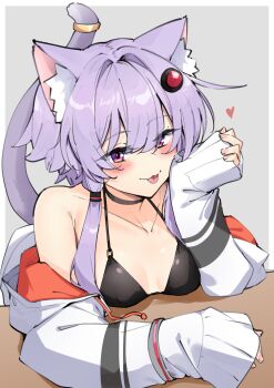 :3 :p absurdres alternate_costume animal_ear_fluff animal_ears bare_shoulders bikini black_bikini black_choker blush breasts cat_ears cat_girl cat_tail choker cleavage closed_mouth collarbone grey_background highres jacket kemonomimi_mode long_sleeves looking_at_viewer open_clothes open_jacket pink_eyes purple_hair short_hair_with_long_locks sidelocks simple_background sleeves_past_wrists small_breasts swimsuit table tail tongue tongue_out upper_body voiceroid white_jacket yuzuki_yukari zooanime