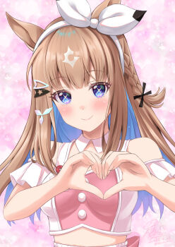 +_+ almond_eye_(umamusume) alternate_costume animal_ears blue_eyes blush braid breasts comiket dated hair_between_eyes hair_ornament hairclip heart heart_hands highres horse_ears horse_girl kouzuki_hajime long_hair looking_at_viewer medium_breasts meni_shuki_rush-sshu! midriff signature simple_background smile twitter_username umamusume