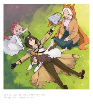 4girls :d ^_^ ahoge black_gloves bow brown_coat brown_hair brown_jacket carrot closed_eyes closed_mouth coat colored_inner_animal_ears commentary compass day double-parted_bangs dream_journey_(umamusume) dress ear_bow english_commentary english_text family fingerless_gloves gloves goggles goggles_around_neck hair_between_eyes highres jacket long_hair long_sleeves lying lying_on_person multicolored_hair multiple_girls myticalcat on_back open_mouth orange_hair orfevre_(umamusume) oriental_art_(racehorse) original outdoors outstretched_arms parted_bangs picnic_basket red_bow seiza shirt short_hair sitting smile stay_gold_(sunlit_outsider)_(umamusume) stay_gold_(umamusume) streaked_hair torn_clothes two-tone_hair u_u umamusume umamusume_horse_relations white_dress white_hair white_shirt white_streaks