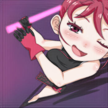 1girl black_dress black_shoes blush breasts china_dress chinese_clothes dress gloves holding industrial_pipe kemurikusa large_breasts looking_at_viewer one_eye_closed open_mouth purple_background red_eyes red_gloves red_hair ryou_(kemurikusa) shoes short_hair sleeveless sleeveless_dress smile t_jiroo_(ringofriend) walking wink