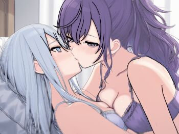 2girls asahina_mafuyu asymmetrical_docking bare_shoulders bed blue_eyes blush bra breast_press breasts cleavage collarbone commentary_request eye_contact from_side grey_bra grey_eyes grey_hair hair_between_eyes half-closed_eyes high_ponytail highres indoors kiss large_breasts long_hair looking_at_another lying lying_on_person multiple_girls on_back on_bed pillow ponytail profile project_sekai purple_bra purple_eyes purple_hair sidelocks small_breasts sweat underwear underwear_only upper_body wtsino yoisaki_kanade yuri