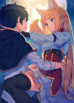 Rule 34 | 1boy, 1girl, absurdres, animal ears, black capelet, black hair, black thighhighs, blonde hair, blue eyes, breasts, capelet, commentary request, dog ears, dog girl, dog tail, dress, eye contact, full moon, hetero, highres, juliet sleeves, kemonomimi mode, long hair, long sleeves, looking at another, medium breasts, moon, overskirt, puffy sleeves, red (shin no nakama), red overskirt, rit (shin no nakama), second-party source, shin no nakama janai to yuusha no party wo oidasareta no de henkyou de slow life suru koto ni shimashita, short hair, sidelocks, straddling, tail, thighhighs, white dress, yasumo (kuusouorbital)