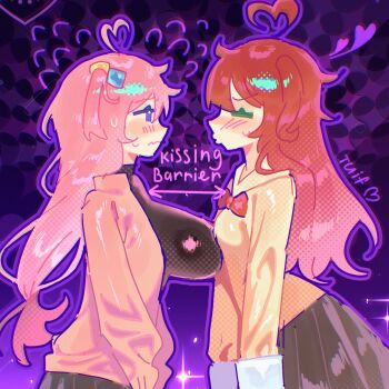 2girls ahoge arrow_(symbol) artist_name blush bocchi_the_rock! breasts commentary english_text from_side gotoh_hitori green_eyes heart highres incoming_kiss kissing_barrier_(meme) kita_ikuyo large_breasts long_hair meme multiple_girls outline pink_hair puckered_lips purple_background purple_outline red_hair symbol-only_commentary tuiffff upper_body