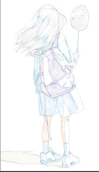 1girl backpack bag color_trace commentary_request facing_away from_behind full_body highres jacket long_hair original papiyon1297 racket shoes shorts sneakers solo tennis_racket wind