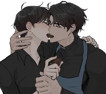2boys ahoge apron black_hair black_shirt blue_apron chocolate-covered_food chocolate_strawberry closed_eyes collared_shirt crew_neck food hand_on_another&#039;s_neck hand_on_another&#039;s_shoulder hand_on_another&#039;s_wrist highres holding holding_food kim_dokja male_focus multiple_boys multiple_scars omniscient_reader&#039;s_viewpoint scar scar_on_hand sharing_food shirt short_hair taotaille yaoi yoo_joonghyuk