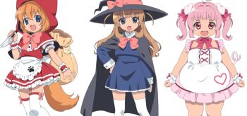 3girls adoptable animal_ears apron bk_(barakoodra) blue_eyes bow breasts brown_hair cape cleavage commentary dress english_commentary fang fat hat multiple_girls open_mouth original petticoat pig_ears pig_girl pig_tail pink_hair puffy_short_sleeves puffy_sleeves red_eyes short_sleeves short_twintails smile tail thighhighs twintails two_side_up witch witch_hat