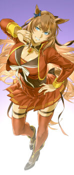 Rule 34 | 1girl, absurdres, animal ears, arm up, blue eyes, blush, boots, bow, breasts, brown boots, brown hair, cleavage, full body, gradient background, grin, hair between eyes, hair bow, hand on own hip, high heel boots, high heels, highres, horse ears, horse girl, horse tail, large breasts, long hair, maruzensky (formula r) (umamusume), maruzensky (umamusume), medium breasts, ruukii drift, simple background, smile, solo, standing, tail, thigh strap, thighhighs, thighhighs under boots, umamusume, very long hair, zettai ryouiki