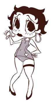 1girl betty_boop betty_boop_(character) black_eyes black_hair black_lips blush bracelet breasts earrings hand_on_own_hip heart heart_print high_heels hoop_earrings jewelry k-nattoh looking_at_viewer monochrome one-piece_swimsuit print_swimsuit school_swimsuit shoes short_hair small_breasts standing swimsuit thigh_strap waving