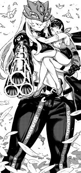 Rule 34 | 2girls, aiming, aiming at viewer, beelstarmon, bird, breasts, carrying, carrying person, digimon, digimon story: time stranger, eye mask, feathers, flying, giant, giantess, goggles, goggles on head, greyscale, gun, highres, holding, holding gun, holding weapon, ireading, mask, monochrome, multiple-barrel gun, multiple girls, pants, poromon, rifling, scarf, smile, third eye, tight clothes, tight pants, underboob, weapon, yuuki kanan